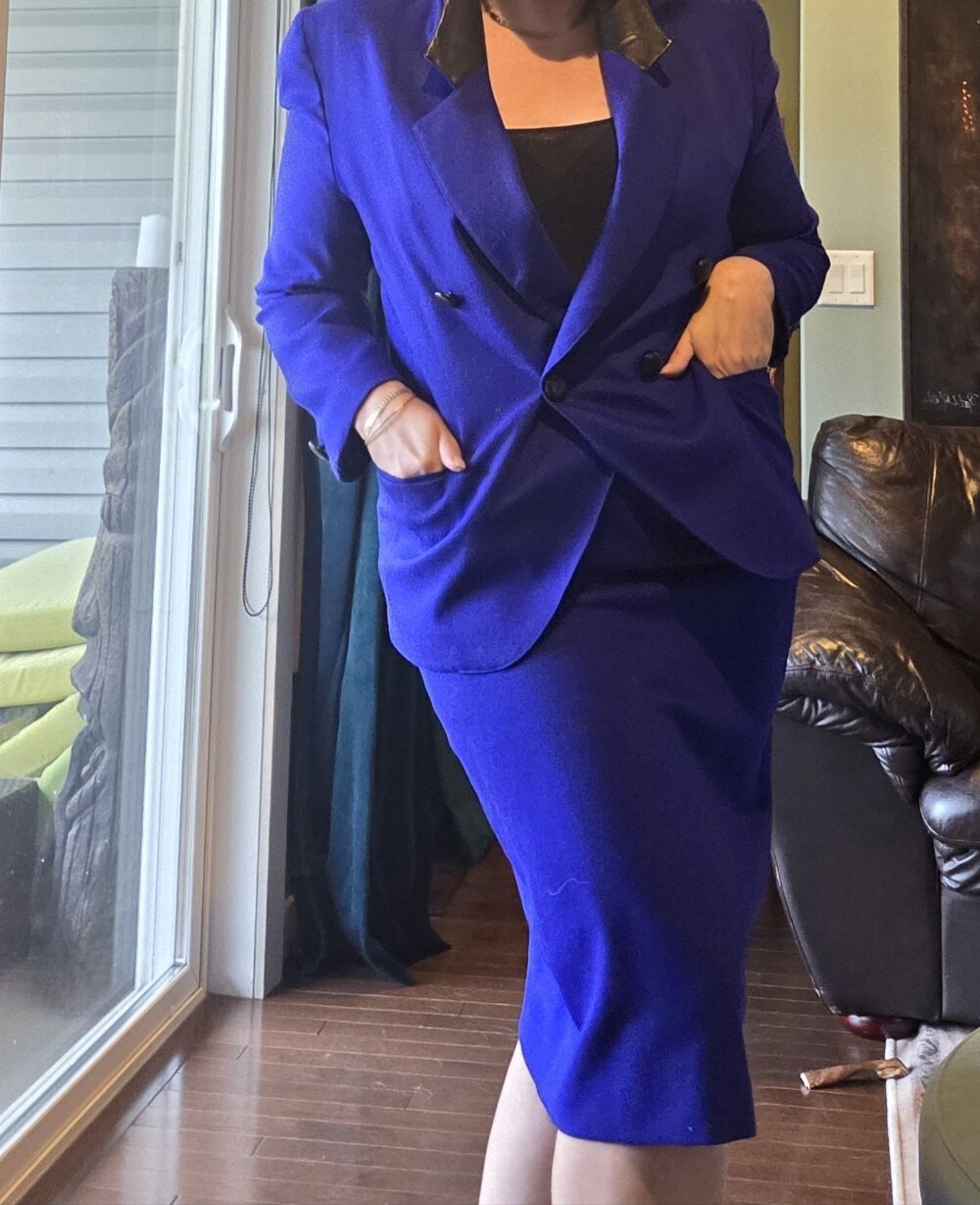 Women's Cobalt Blue Double-Breasted Blazer and Pencil Skirt Set